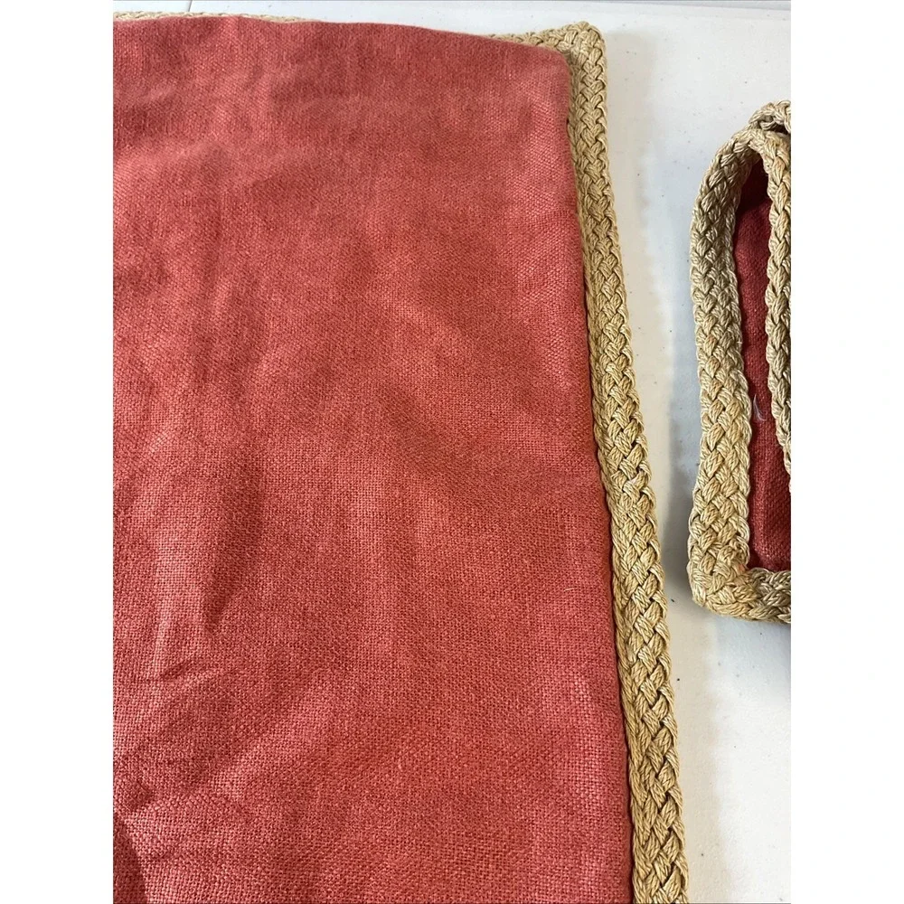 Set of 2 Pottery Barn Throw Pillow Cover Rust 100% Linen Braided Trim Jute 20x20